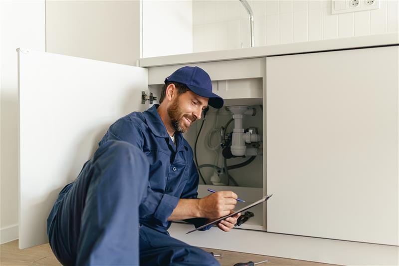 Residential plumber reviewing plumbing repairs in a Apopka kitchen